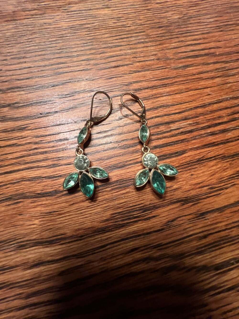 Vintage Napier Gold Tone Teal And Clear Crystal Flower Leverback Drop Earrings